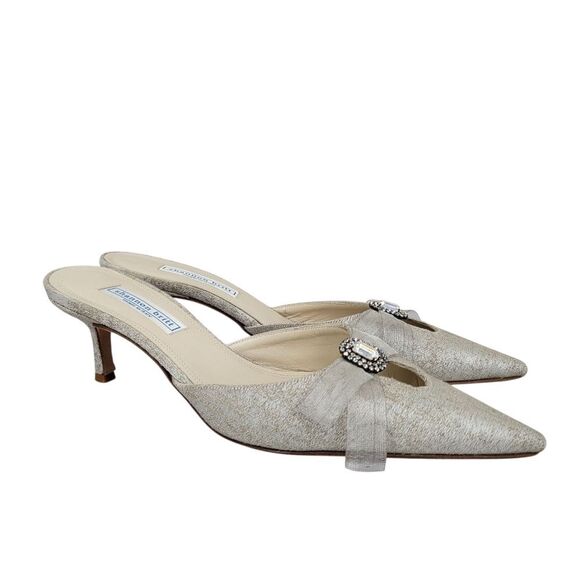 Shannon Britt Italian Silver Kitten Heel Mules Formal Bridal Evening - Picture 1 of 16